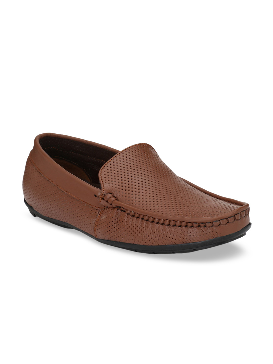 Hirels Men Brown Perforated Leather Loafers