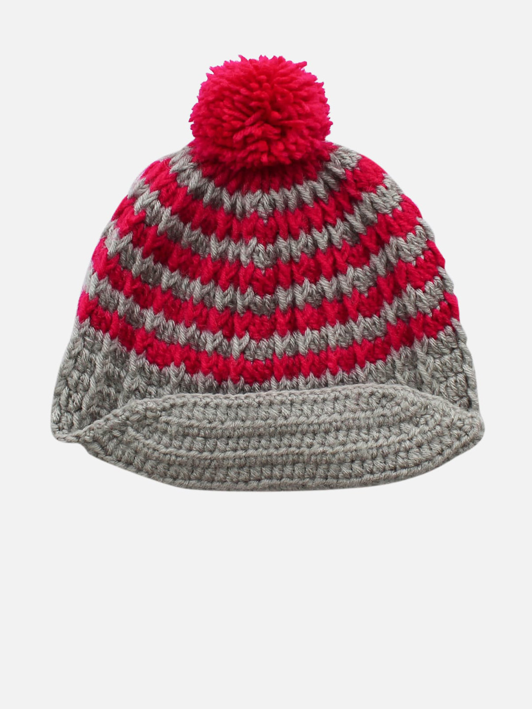 Woonie Unisex Kids Grey & Coral Self Design Beanie