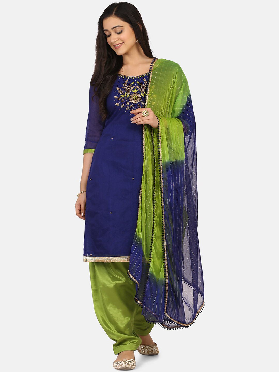 Shaily Navy Blue & Green Cotton Blend Unstitched Dress Material
