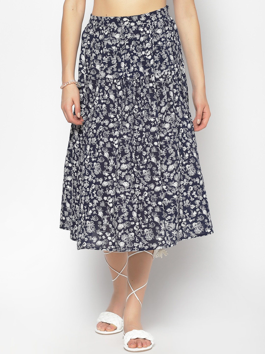 Sera Women Navy Blue & White Floral Printed A-Line Tiered Midi Skirt