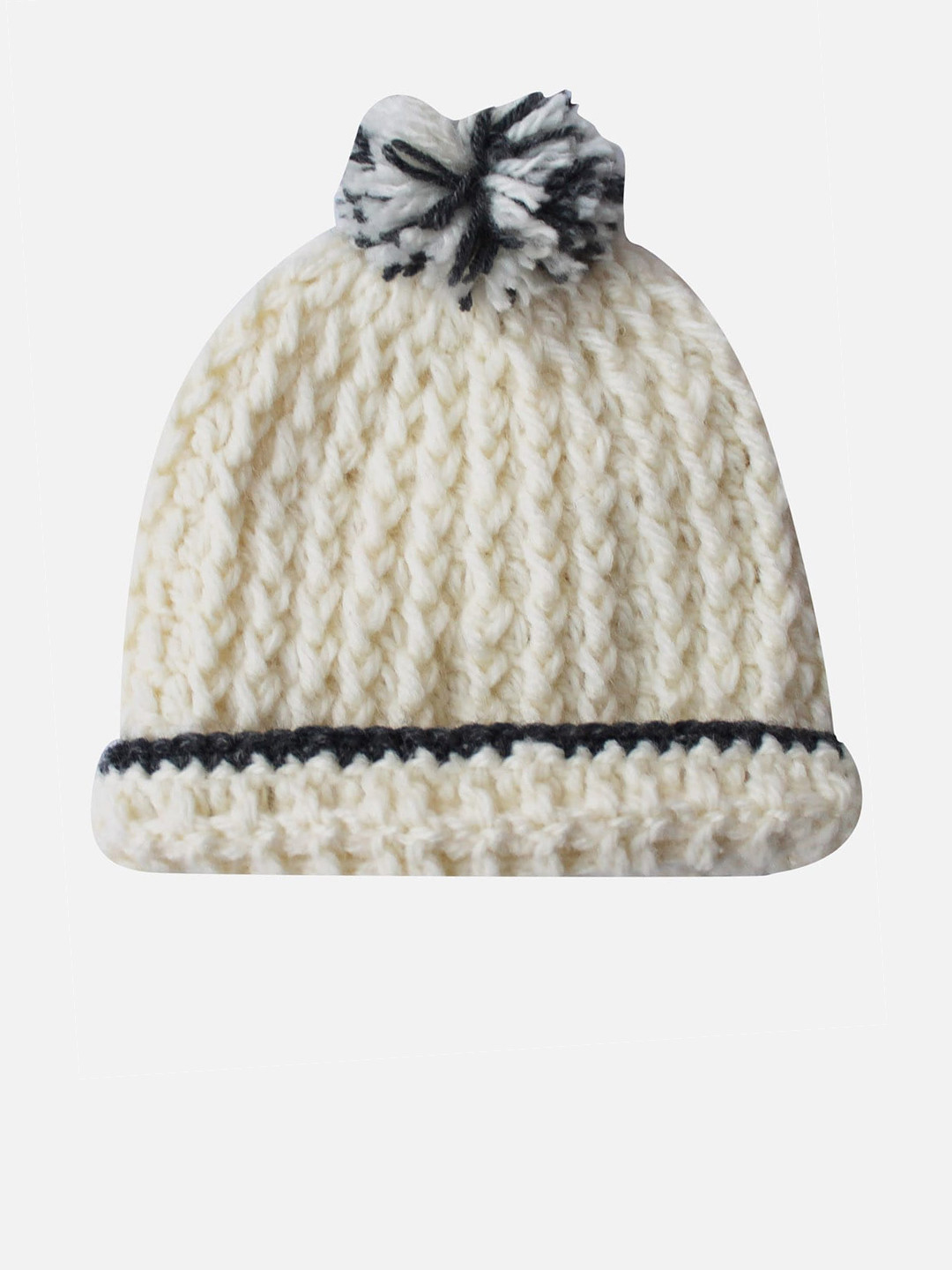 Woonie Unisex Cream-Coloured & White Self Design Beanie