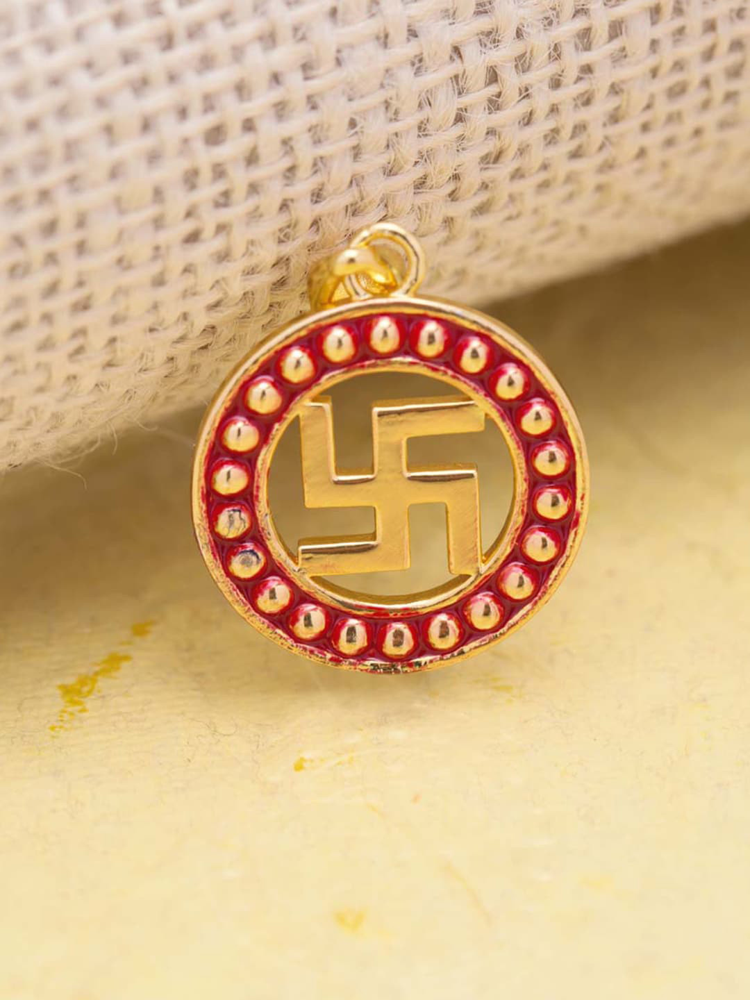 Dare by Voylla Gold-Plated Red Enameled Border Swastika Pendant