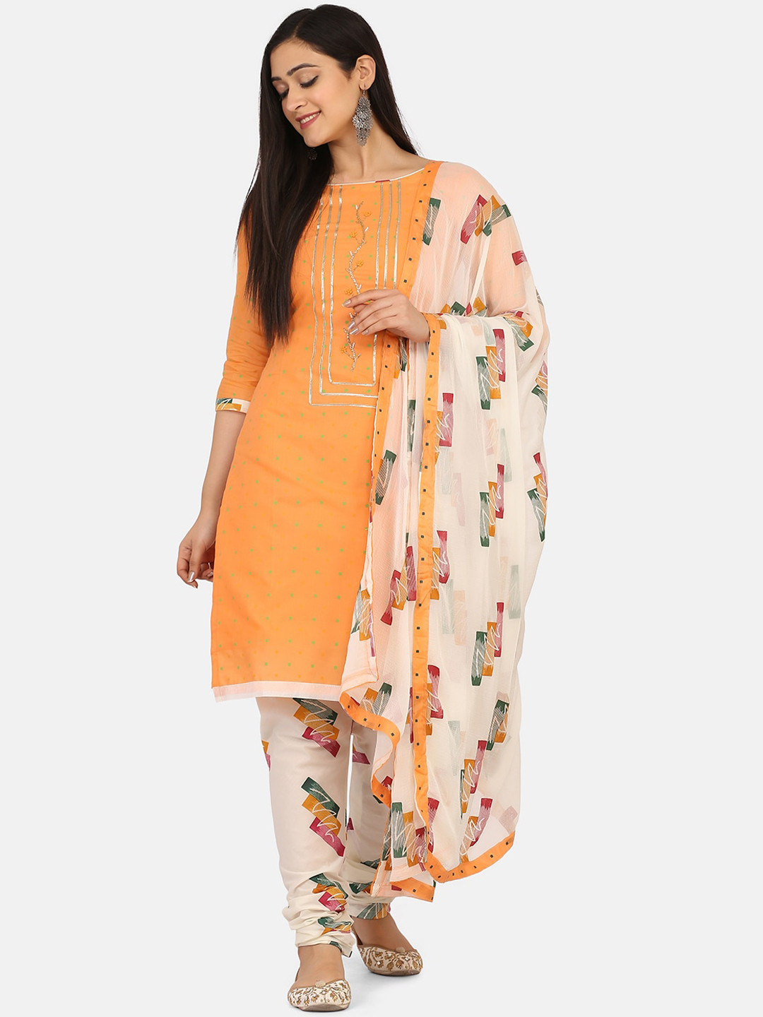 Shaily Orange & Cream-Coloured Cotton Blend Unstitched Dress Material