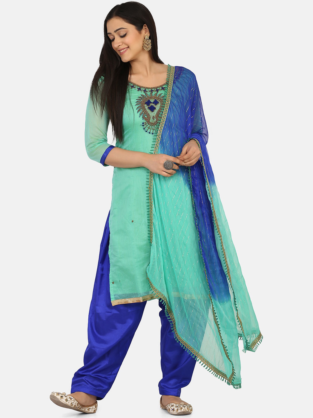 Shaily Sea Green & Blue Cotton Blend Unstitched Dress Material