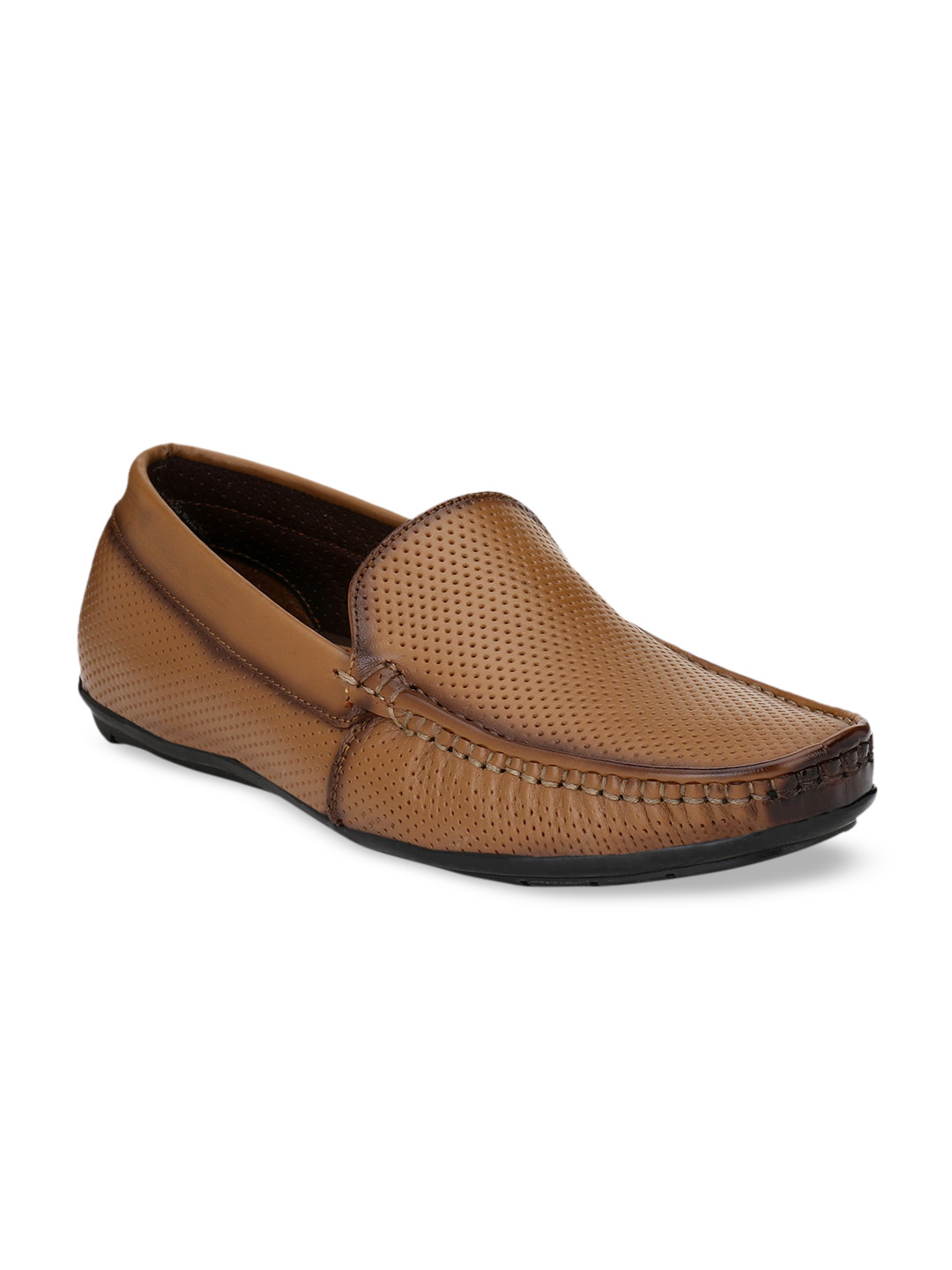 Hirels Men Tan-Coloured Perforations Leather Loafers Casual Shoes