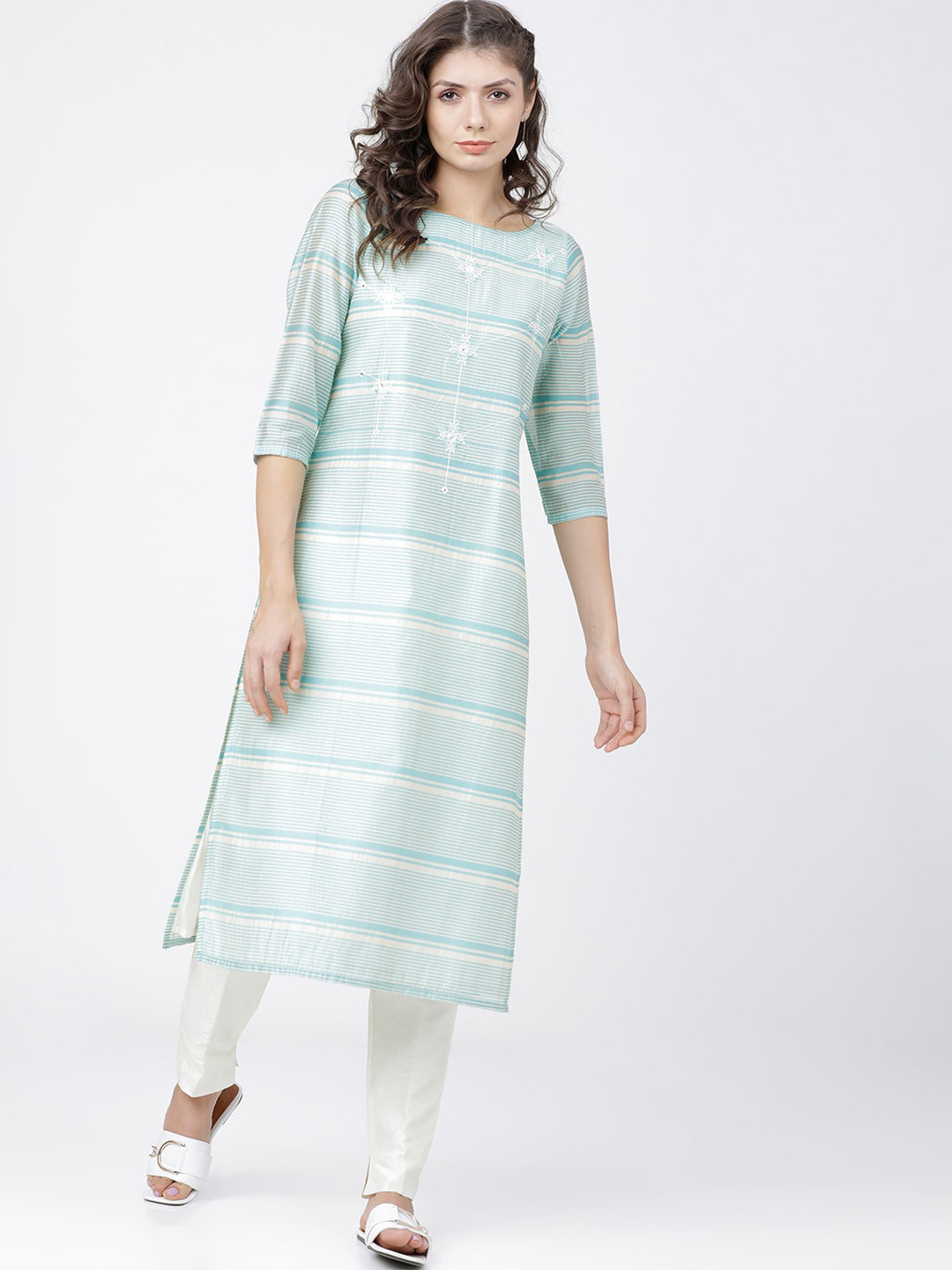 Vishudh Women Cream-Coloured & Turquoise Blue Striped Kurta