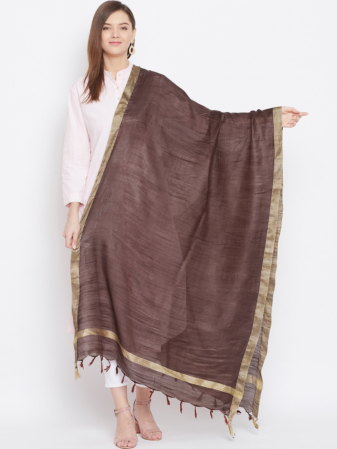 Clora Creation Coffee Brown & Gold-Toned Solid Dupatta