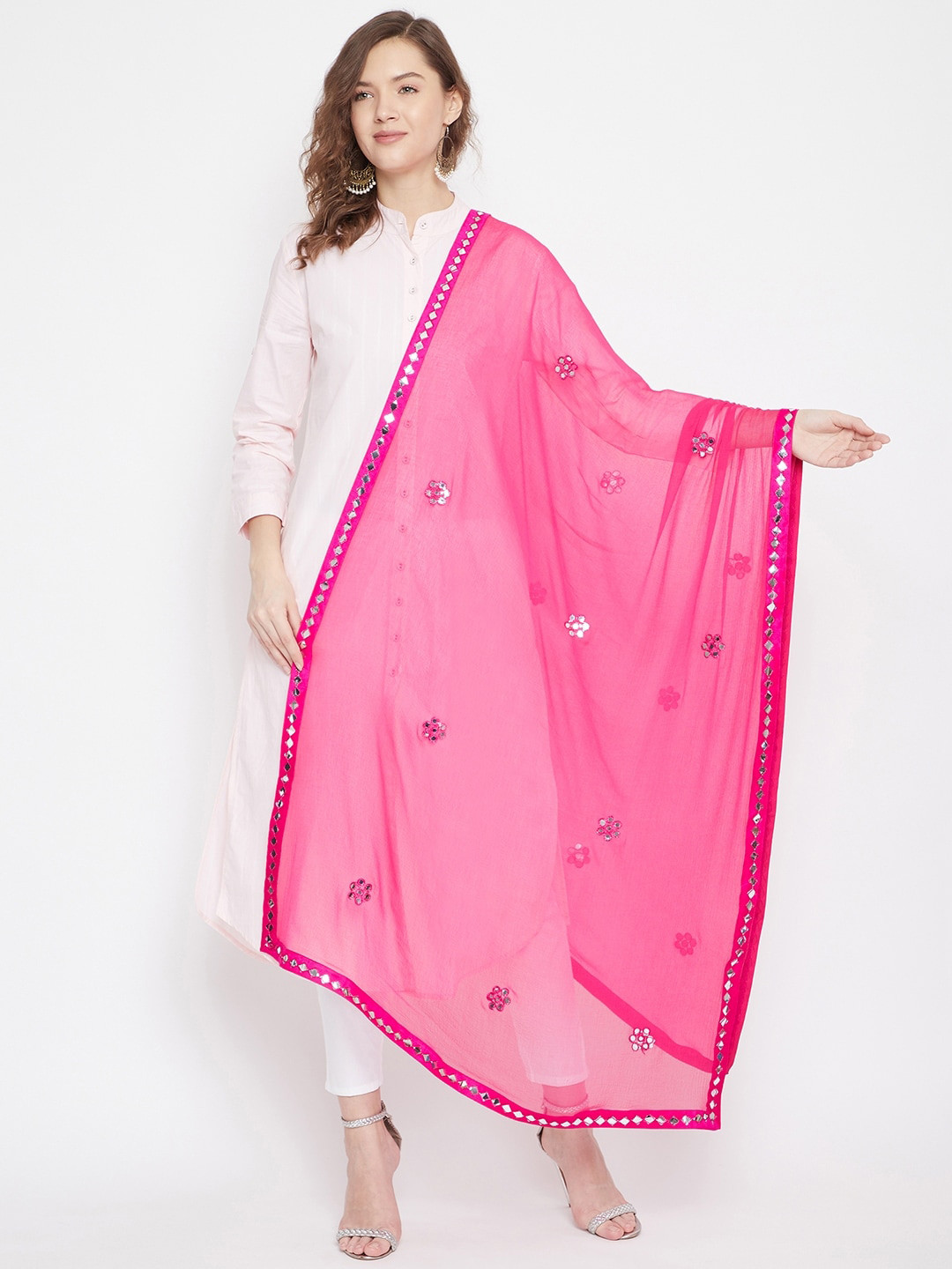 Clora Creation Magenta & Silver-Toned Solid Mirror Ornamented Dupatta
