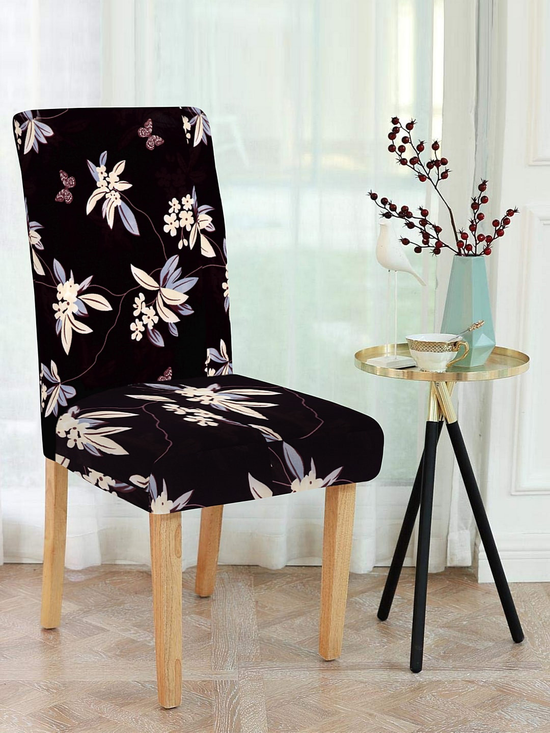Cortina Set Of 6 Black & Off White Floral Printed Chair Covers