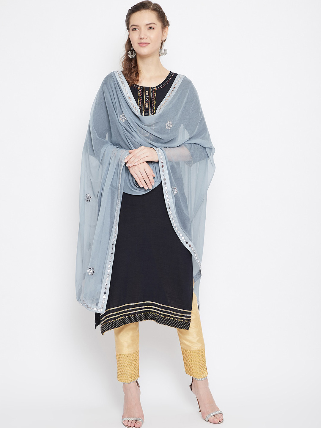 Clora Creation Grey & Silver-Toned Mirror Embellished Gotta Patti Dupatta