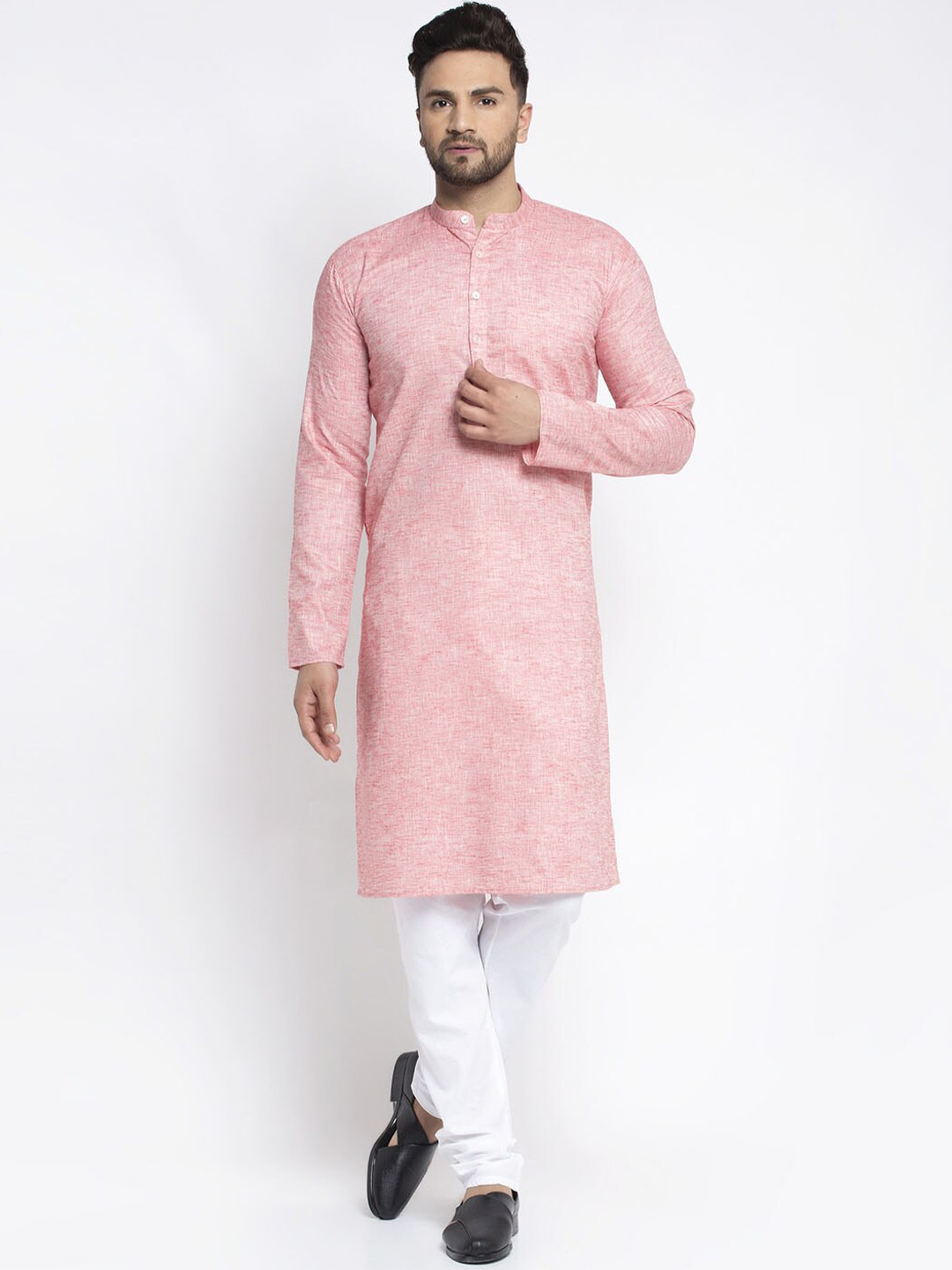 Jompers Men Pink & White Self Design Kurta with Pyjamas