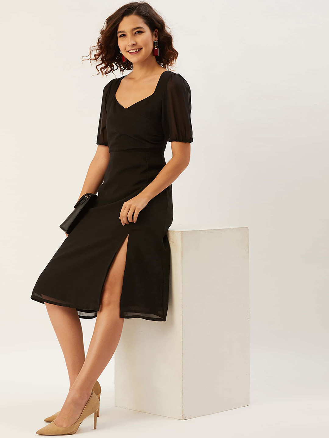 ANVI Be Yourself Solid Black Puff Sleeve Georgette A Line Slitted Midi Wrap Dress