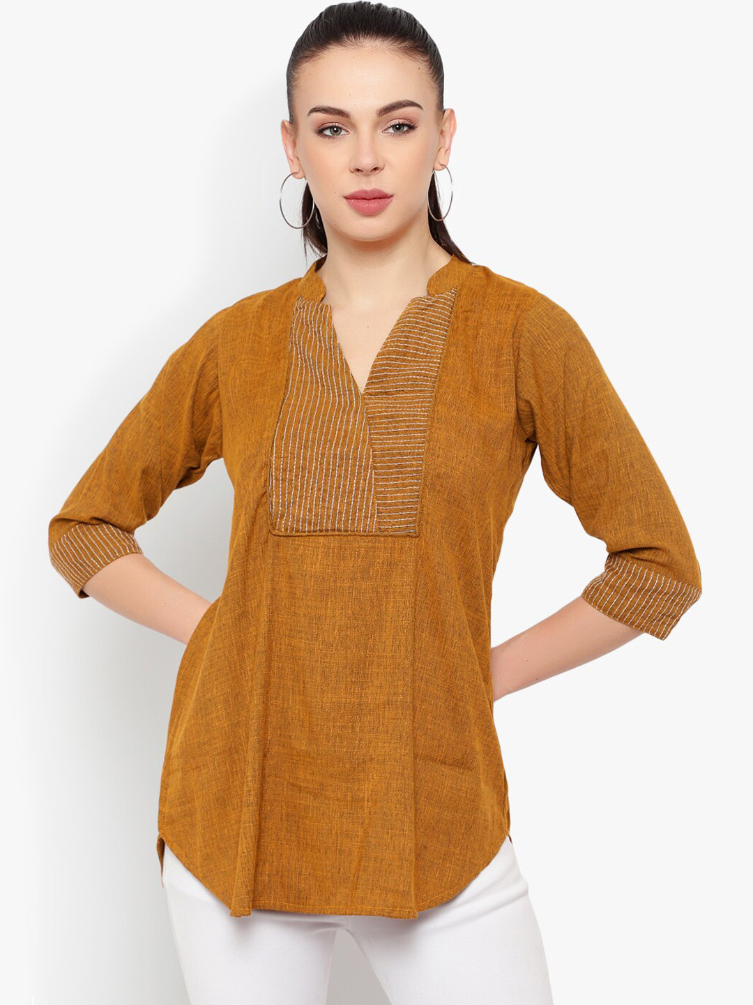 Indietoga Women Mustard Solid Cotton Plus Size Tunic