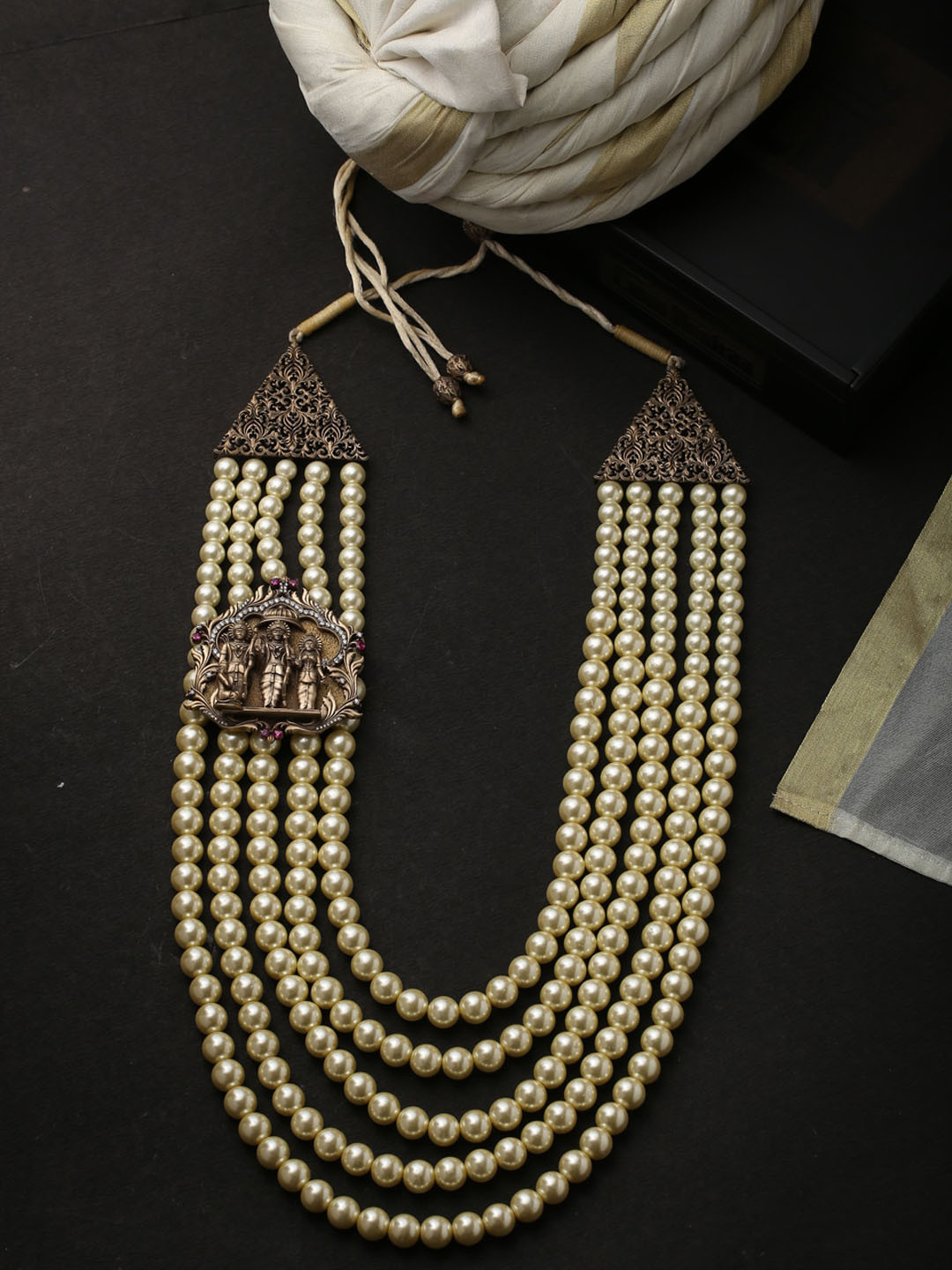 COSA NOSTRAA Men Off-White & Copper-Toned Ganesha Layered Statement Necklace