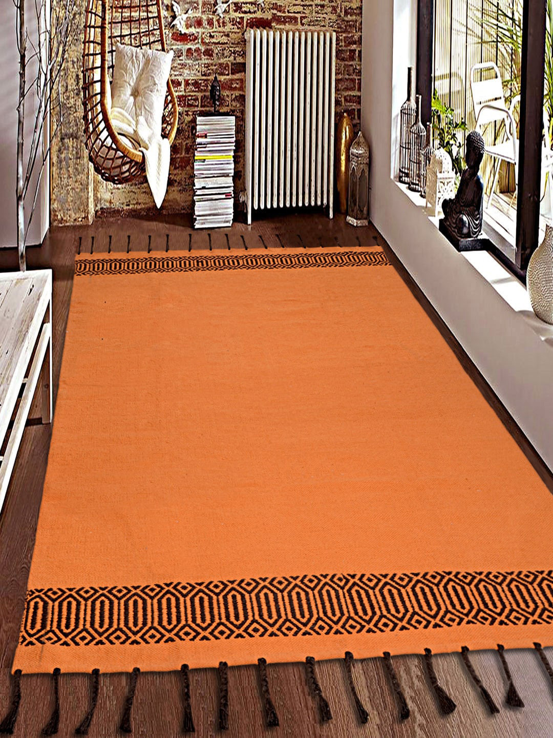 Saral Home Orange & Brown Self Design Cotton Handwoven Rug