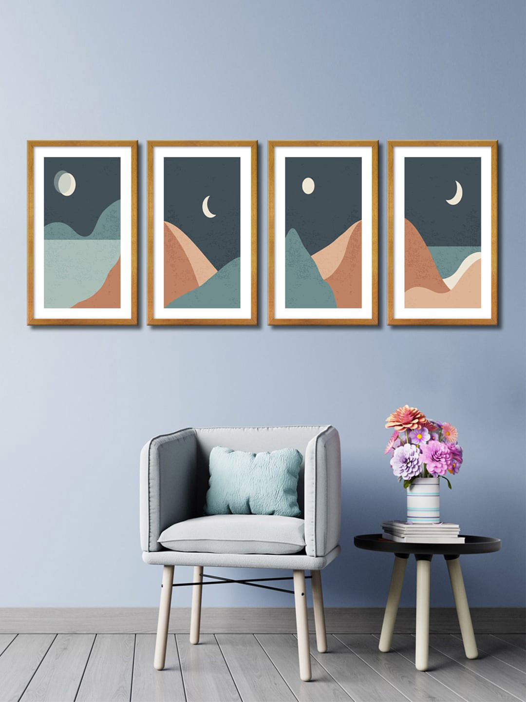 999Store Set of 4 Blue & Brown Mountain & Moon Canvas Framed Wall Paintings