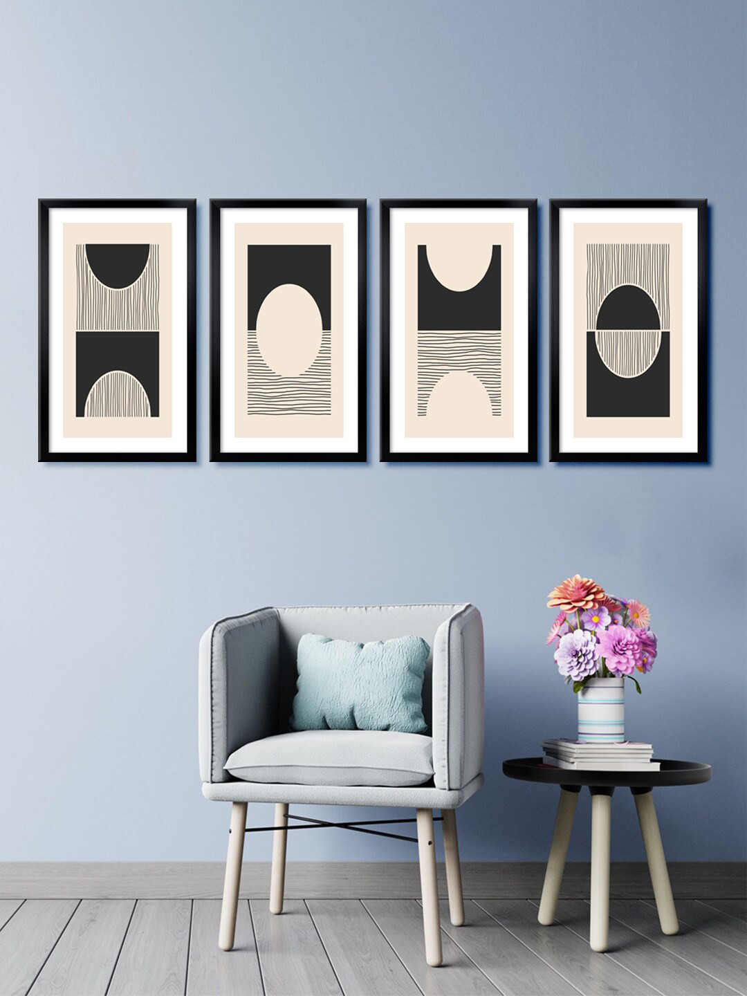 999Store Set Of 4 Pink & Black Geometric Canvas Framed Wall Paintings