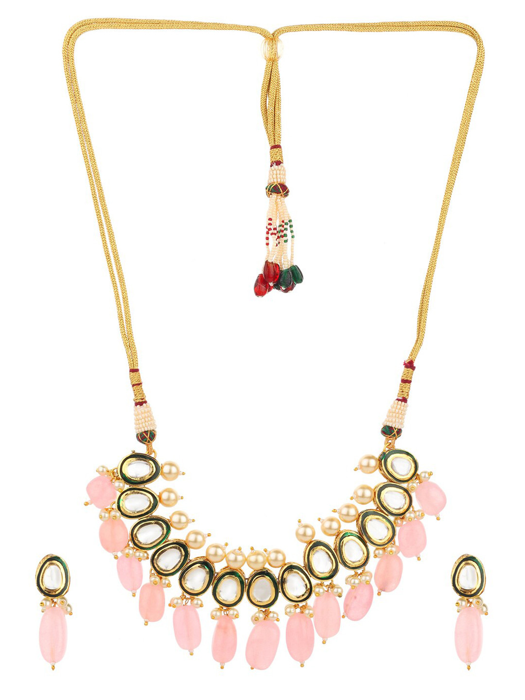 Runjhun Gold-Plated Pink & White Kundan-Studded & Beaded Handcrafted Jewellery Set