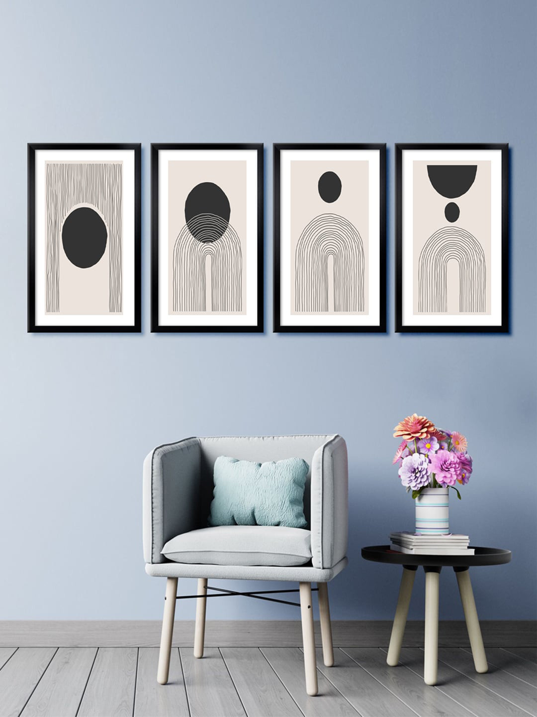 999Store Set Of 4 Grey & Black Geometric Canvas Framed Wall Paintings