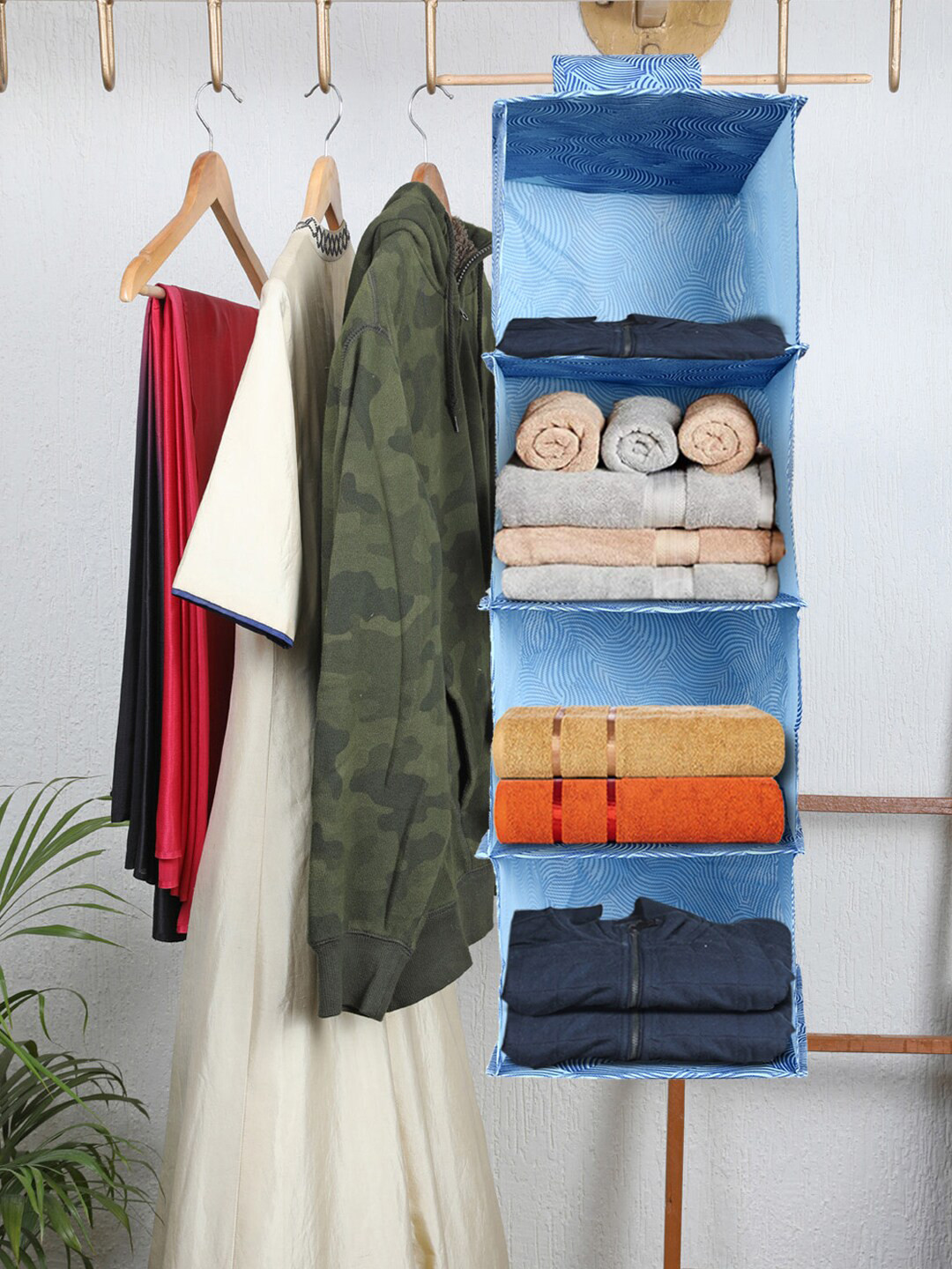 Kuber Industries Blue Printed Shelf Closet Hanging Organizer