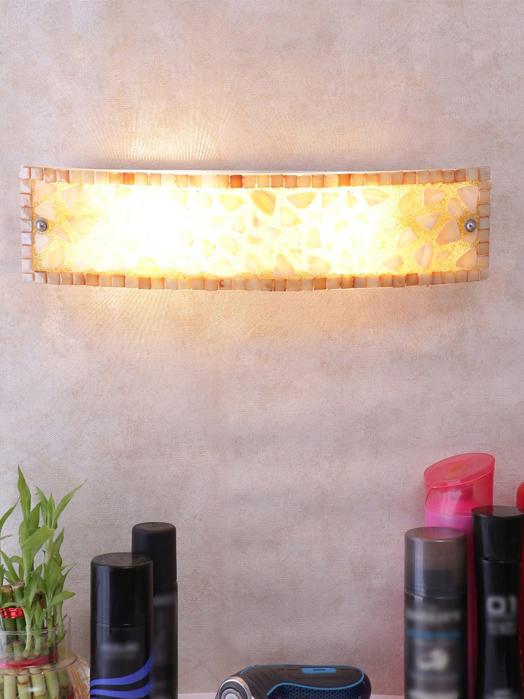 Devansh Beige Textured Mosaic Glass Bathroom Light