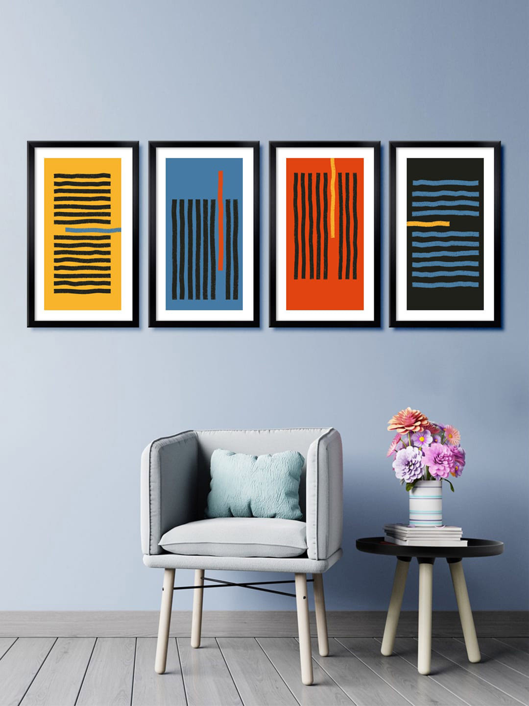 999Store Set Of 4 Red & Black Abstract Lines Canvas Framed Wall Paintings