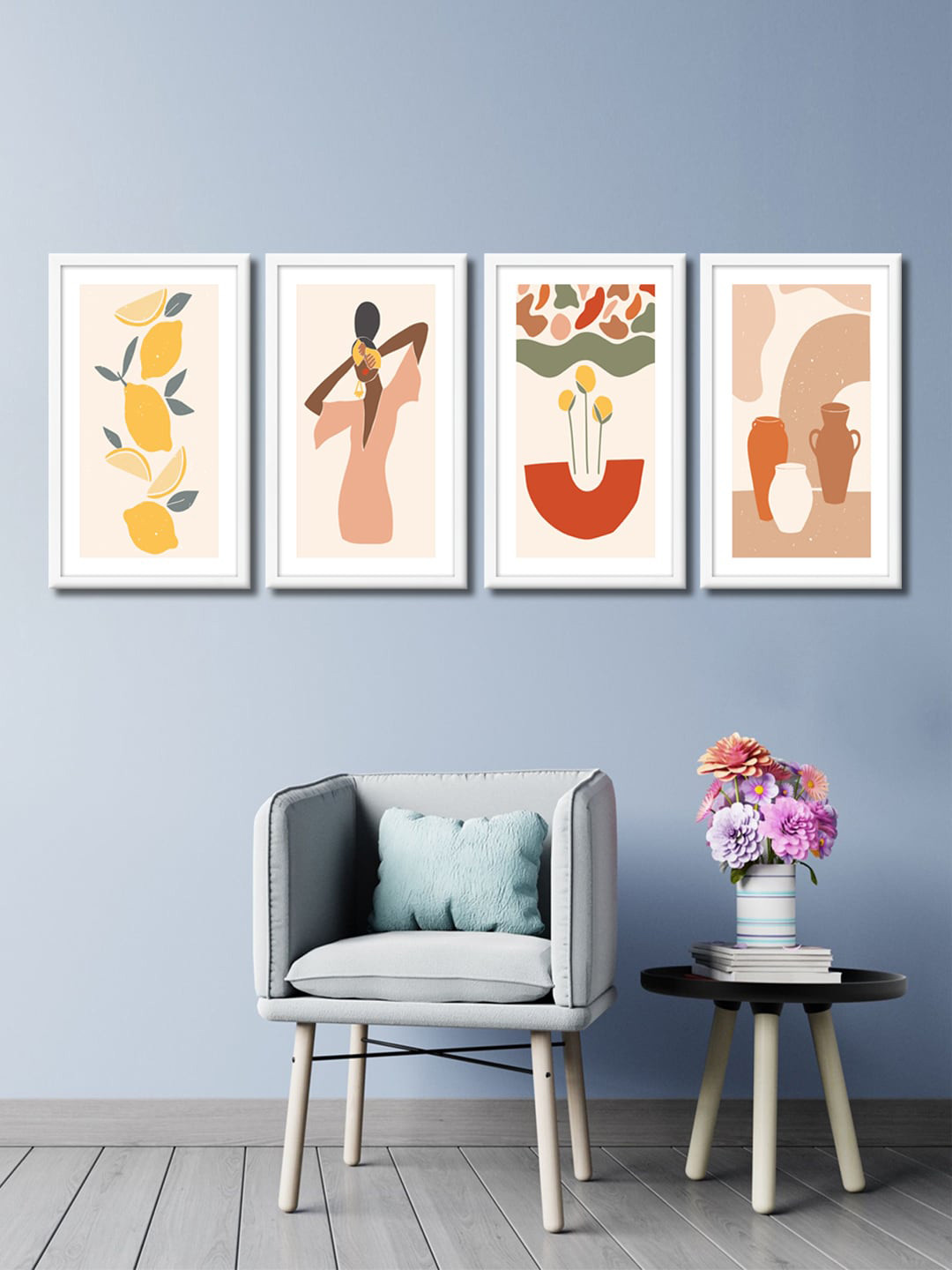 999Store Set of 4 Cream-Coloured & Red Leaves & Lady Canvas Framed Wall Paintings