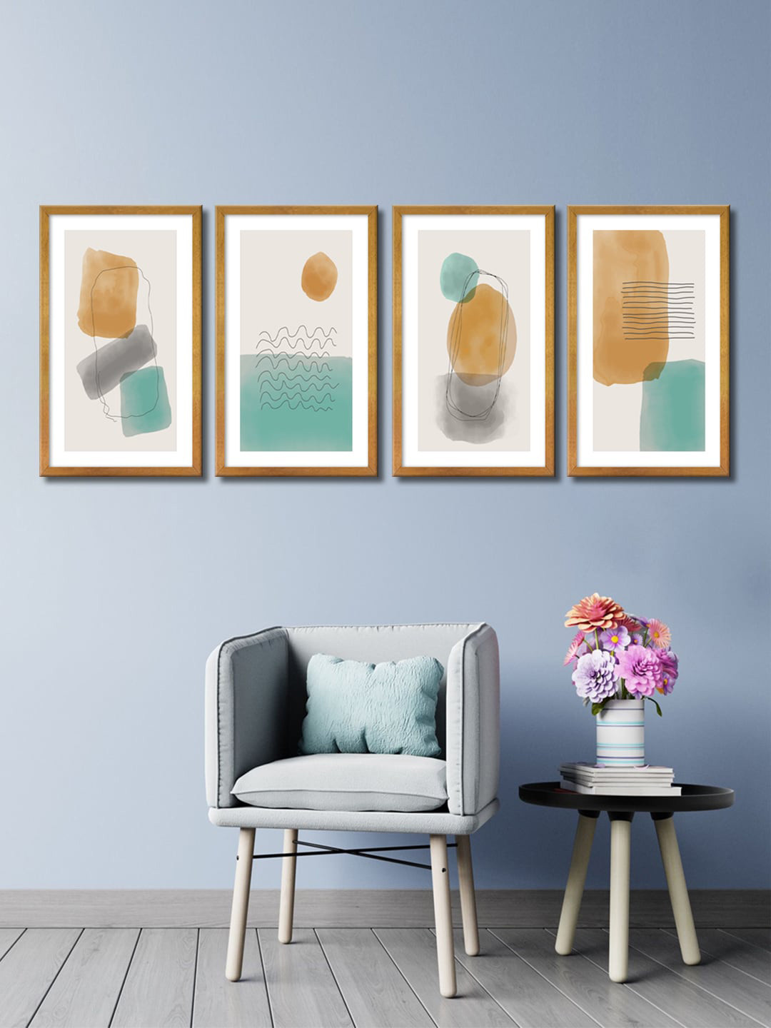 999Store Set Of 4 Grey & Brown Abstract Canvas Wall Paintings