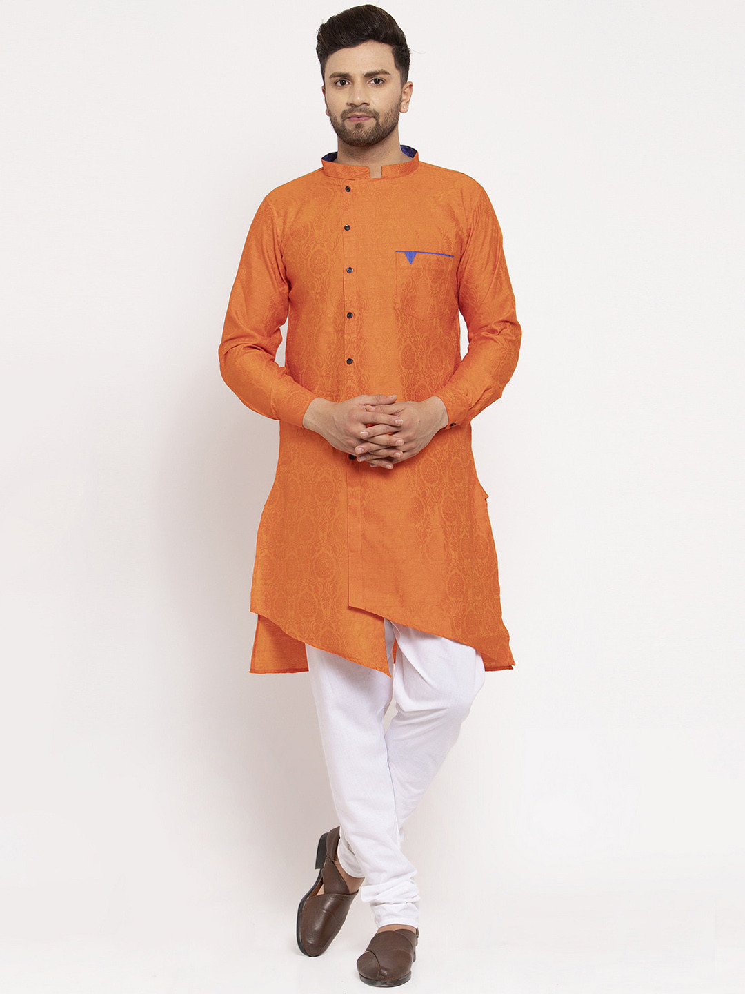 KLOTTHE Men Orange & White Self Design Kurta with Churidar