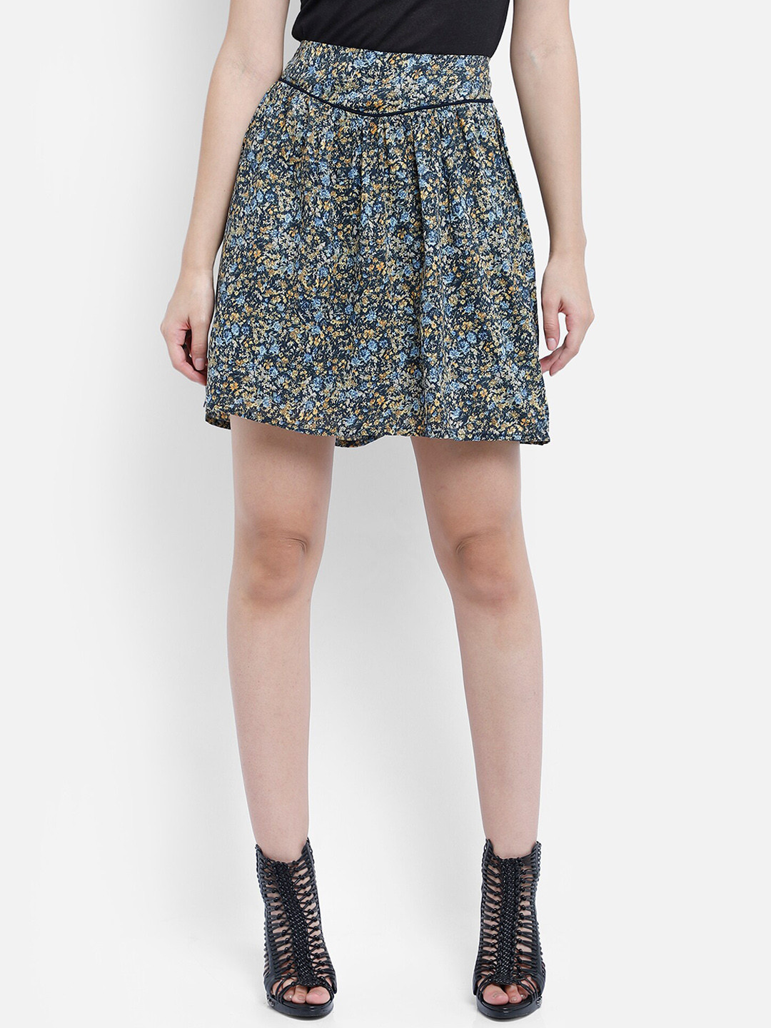 Aditi Wasan Women Blue & Mustard Yellow Floral Printed A-Line Mini Skirt