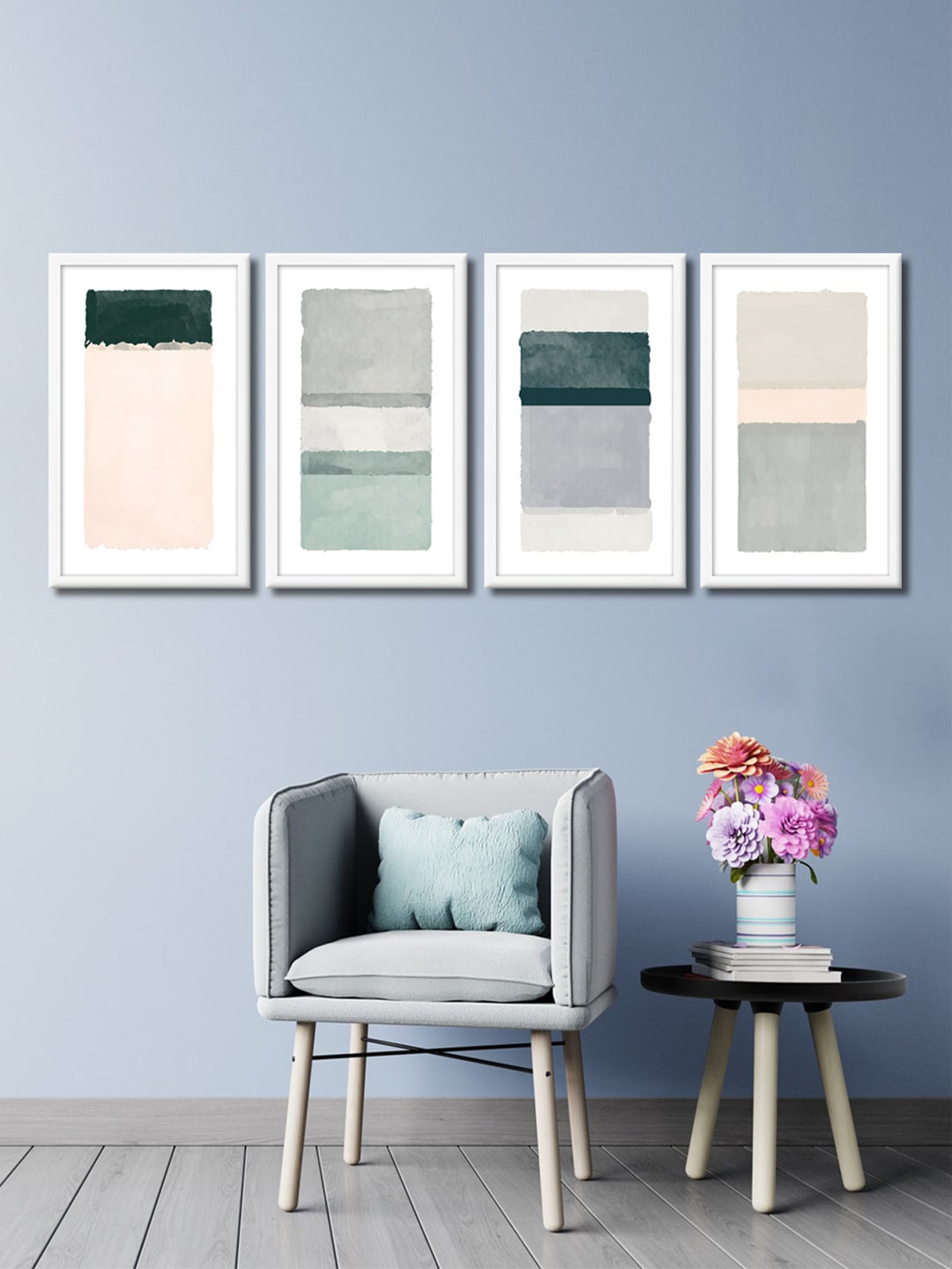 999Store Set of 4 White & Black Abstract Canvas Framed Wall Paintings
