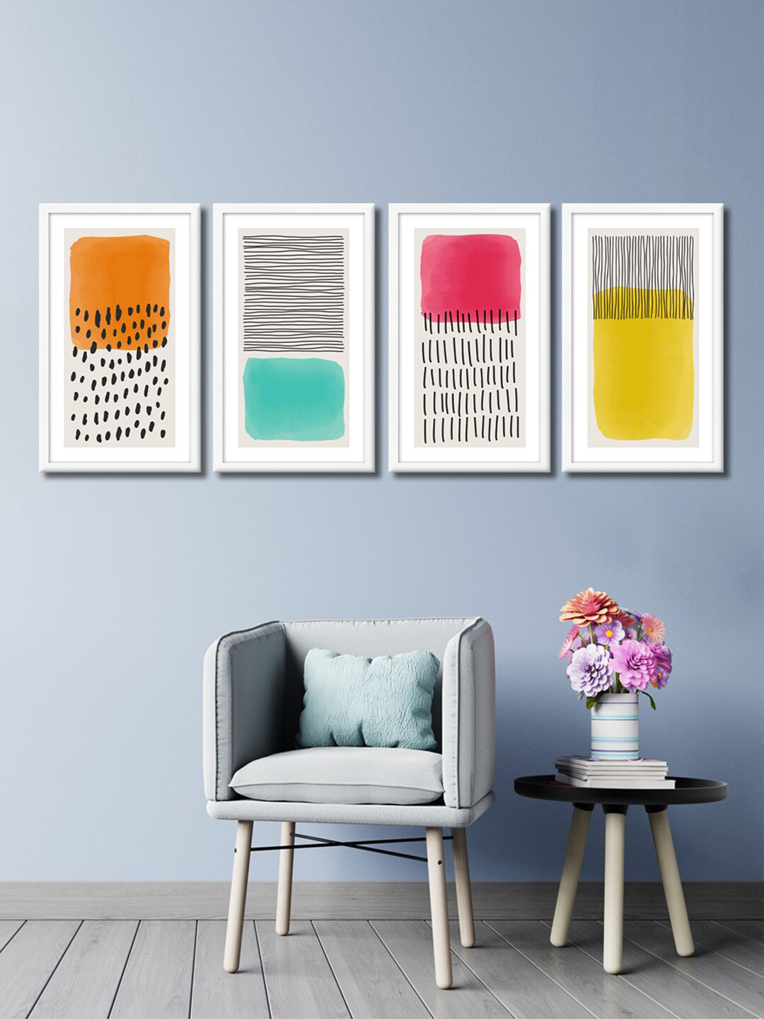 999Store Set of 4 White & Black Abstract Line Canvas Framed Wall Paintings