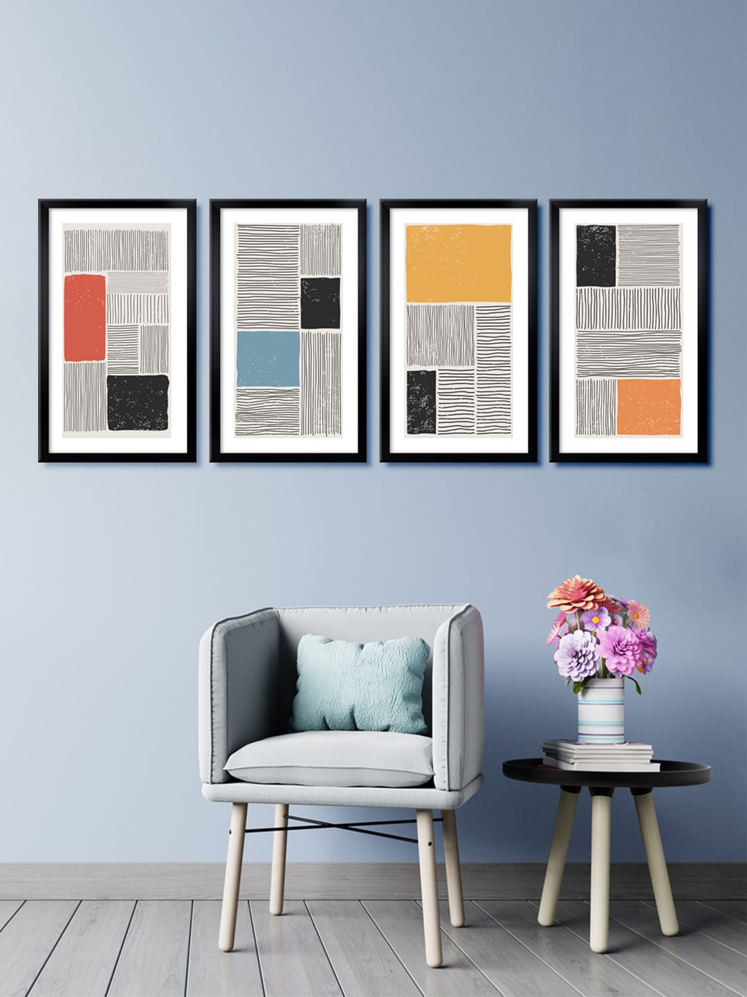 999Store Set of 4 Black & White Line Canvas Framed Wall Paintings