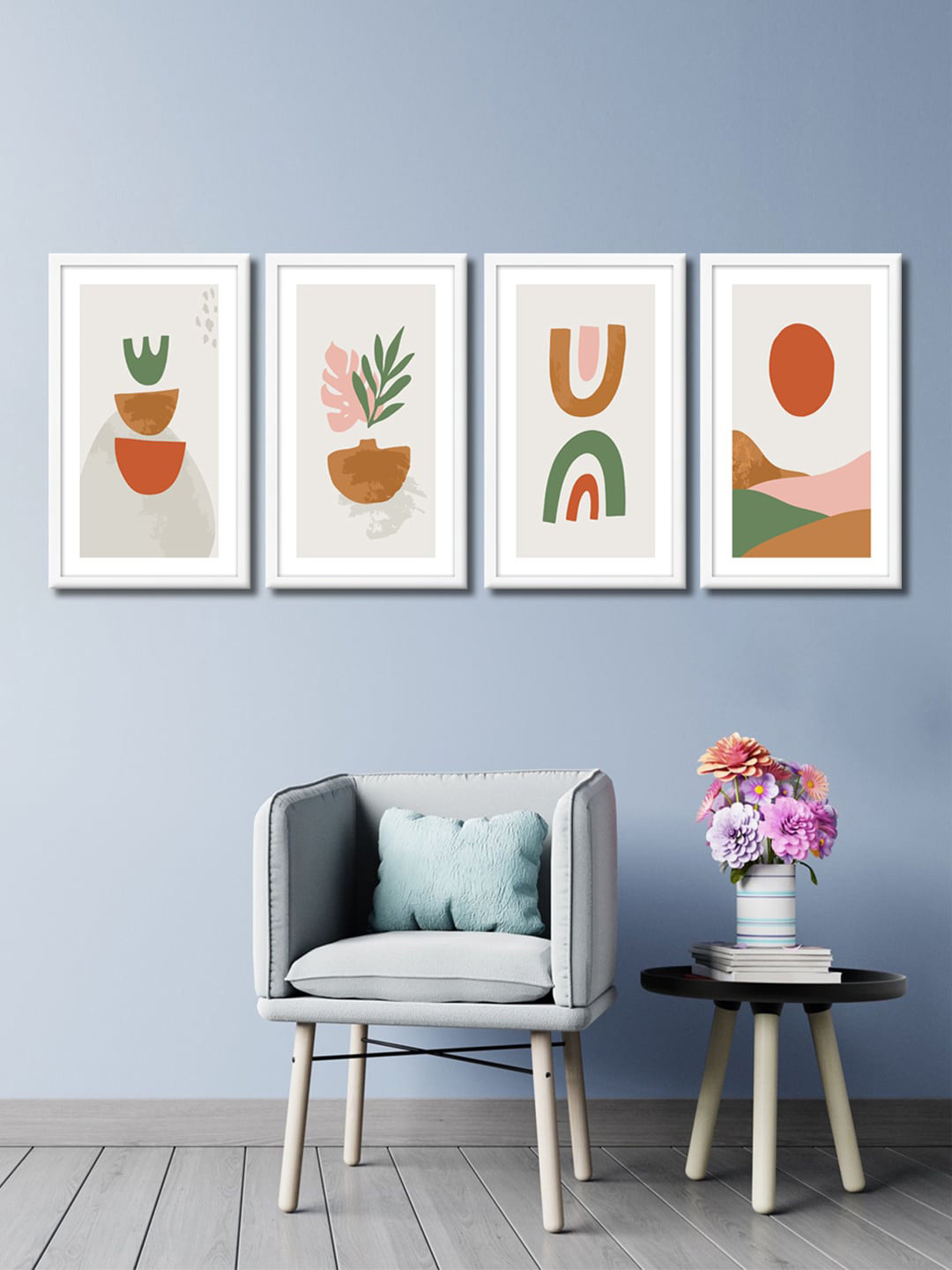 999Store Set Of 4 White & Orange Leaves & Moon Canvas Framed Wall Paintings