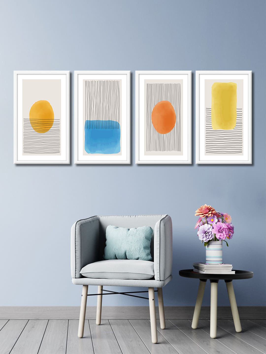 999Store Set Of 4 Yellow & Blue Abstract Wall Art