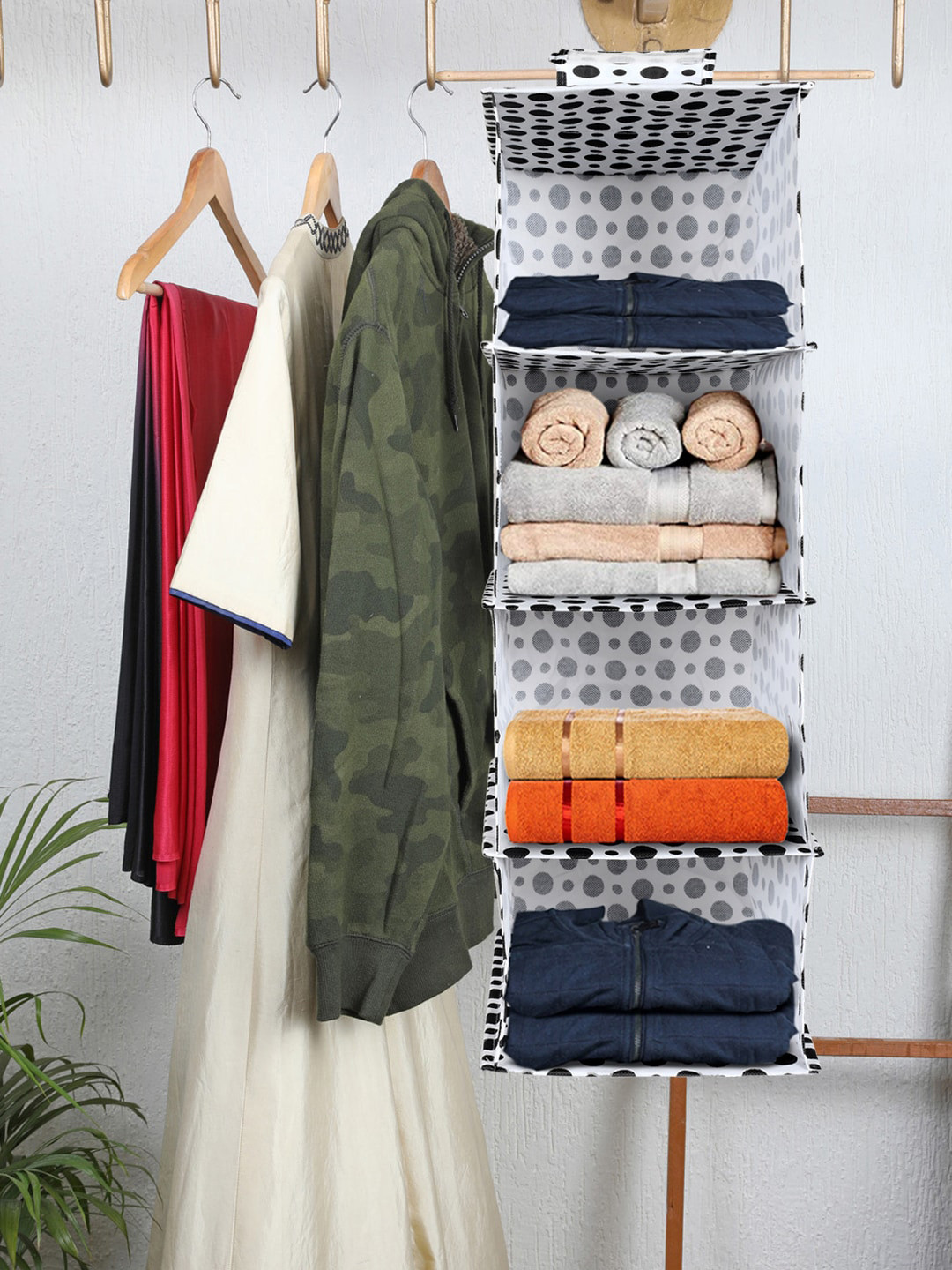 Kuber Industries Black & White Printed 4-Shelf Closet Hanging Organizer