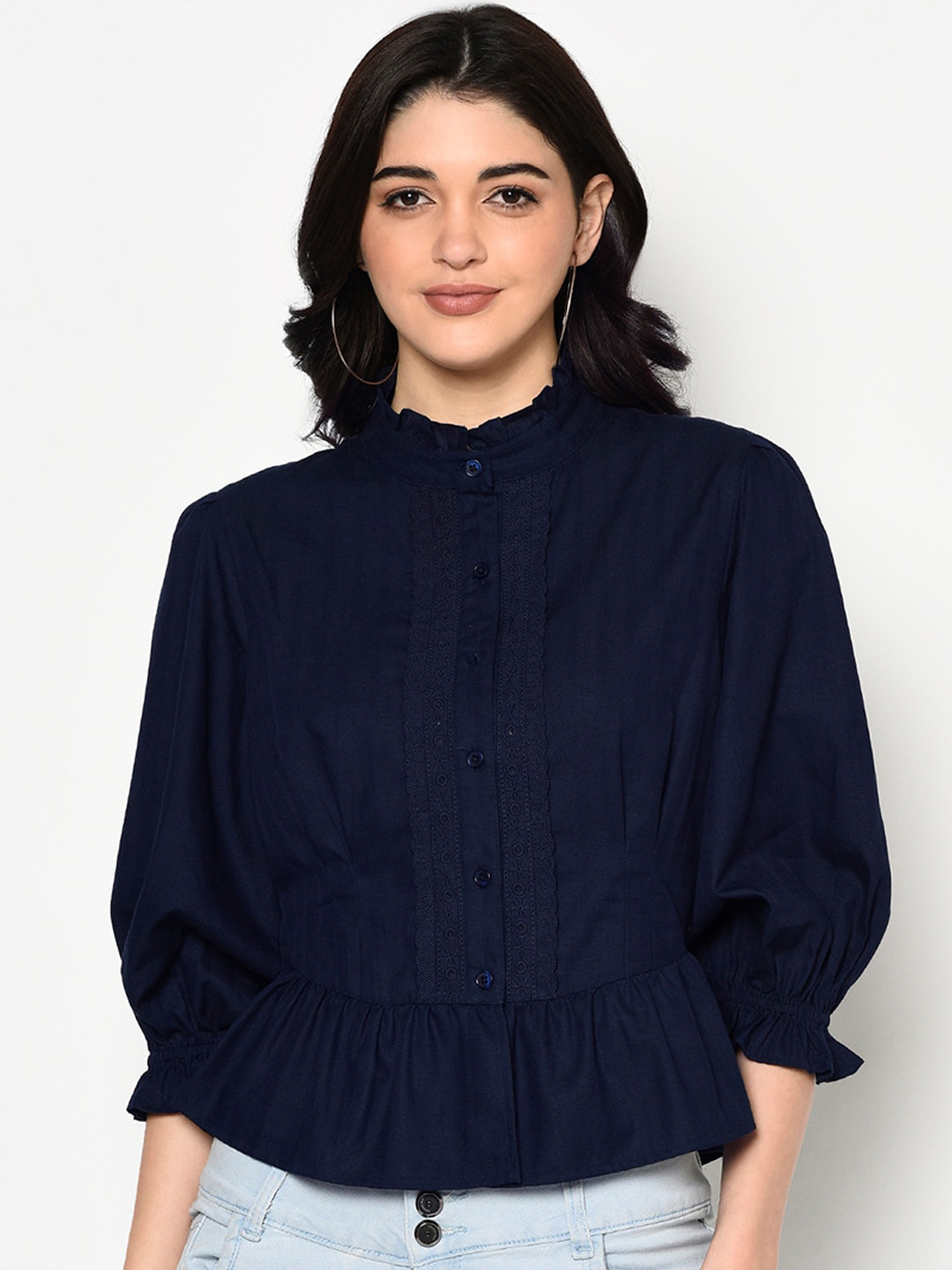 Blanc9 Blue Mandarin Collar Puff Sleeves Pure Cotton Peplum Top