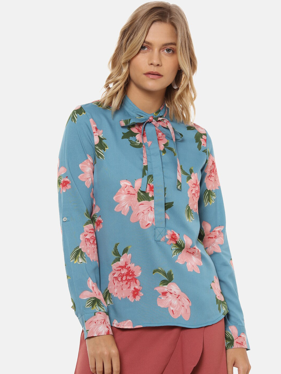 Campus Sutra Blue & Pink Floral Tie-up Neck Shirt Style Top