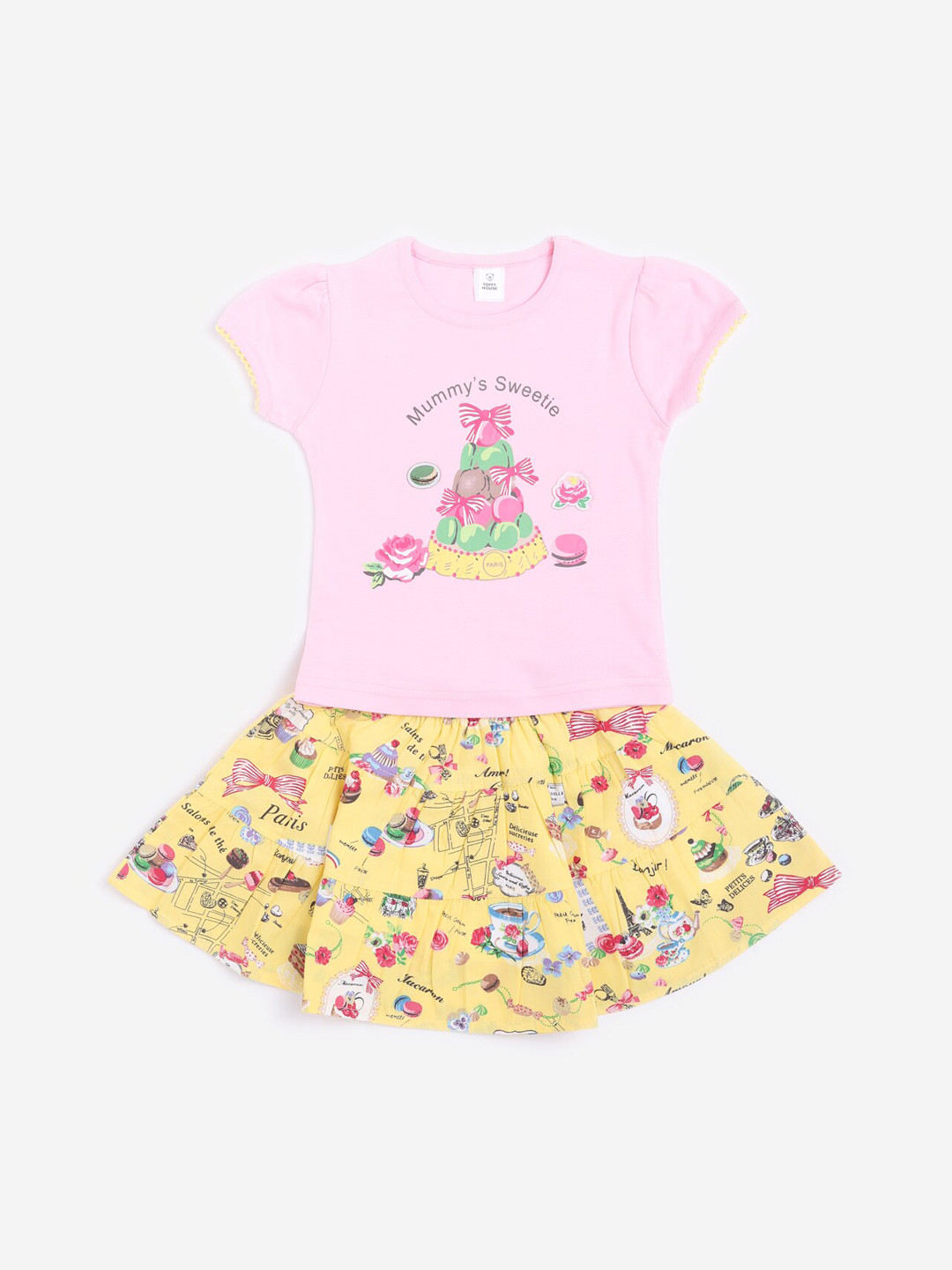 TOFFY HOUSE Girls Pink & Yellow Printed Top with Skirt