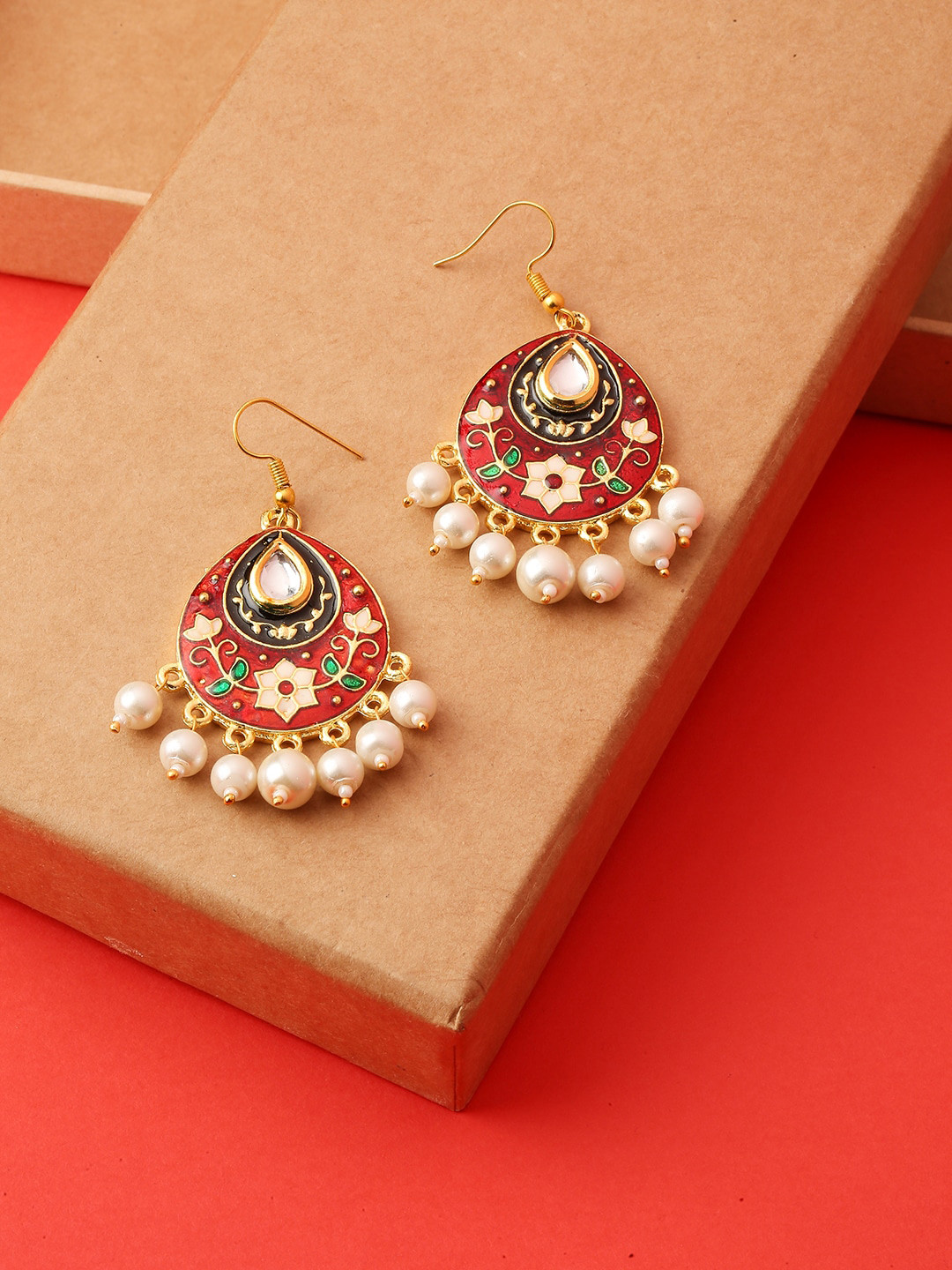 OOMPH Red & Gold-Toned Teardrop Shaped Drop Earrings