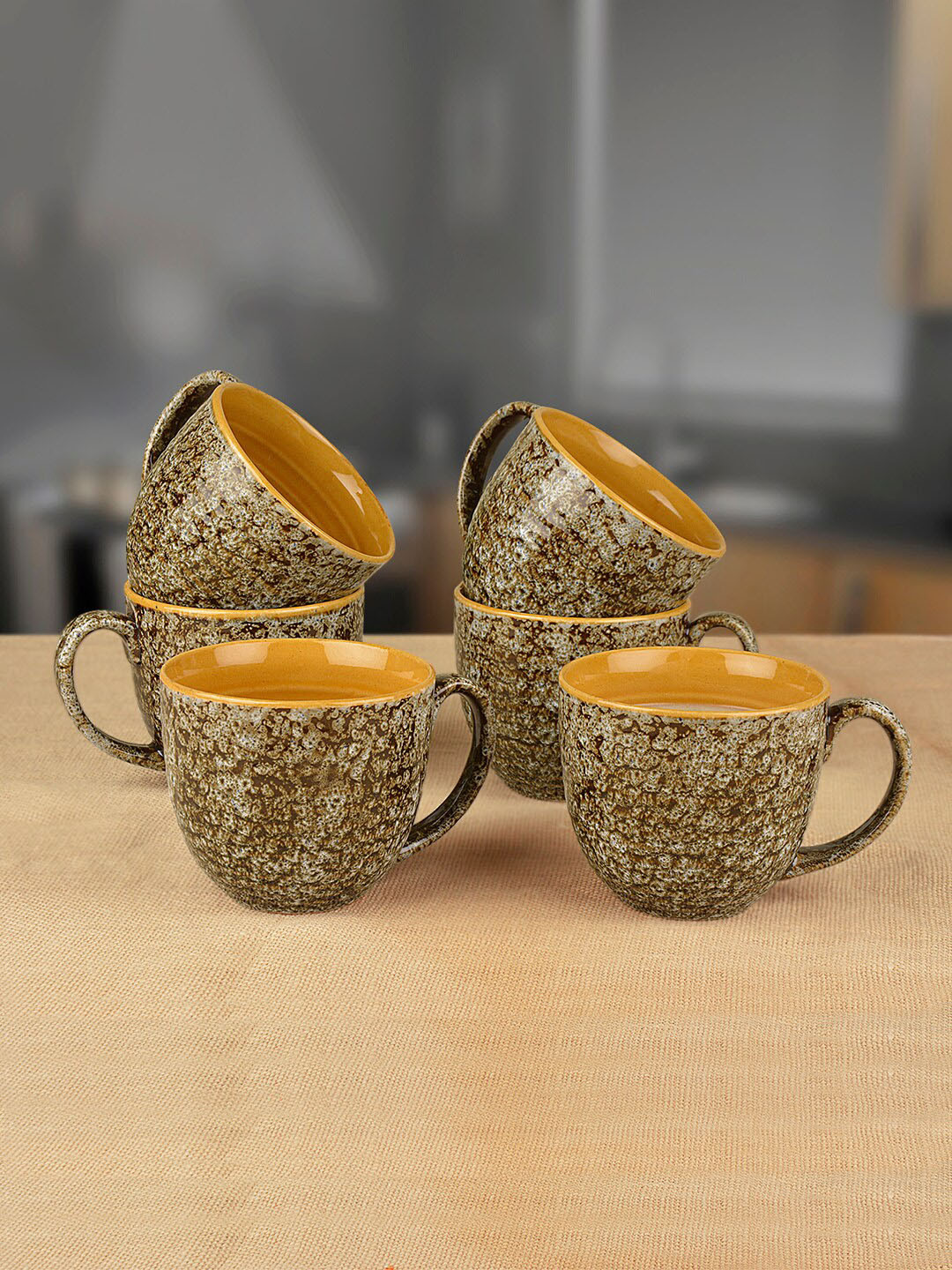 StyleMyWay Madhubani Art Green Floral Ceramic Handmade 6 Piece Cups-300ml