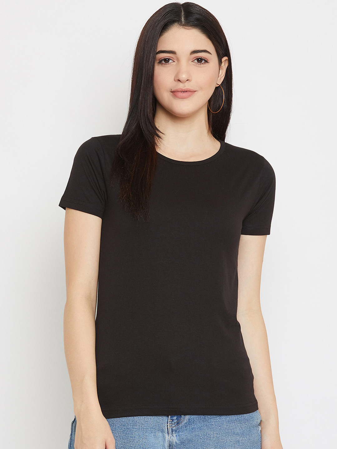 Rodzen Women Black Solid Round Neck T-shirt
