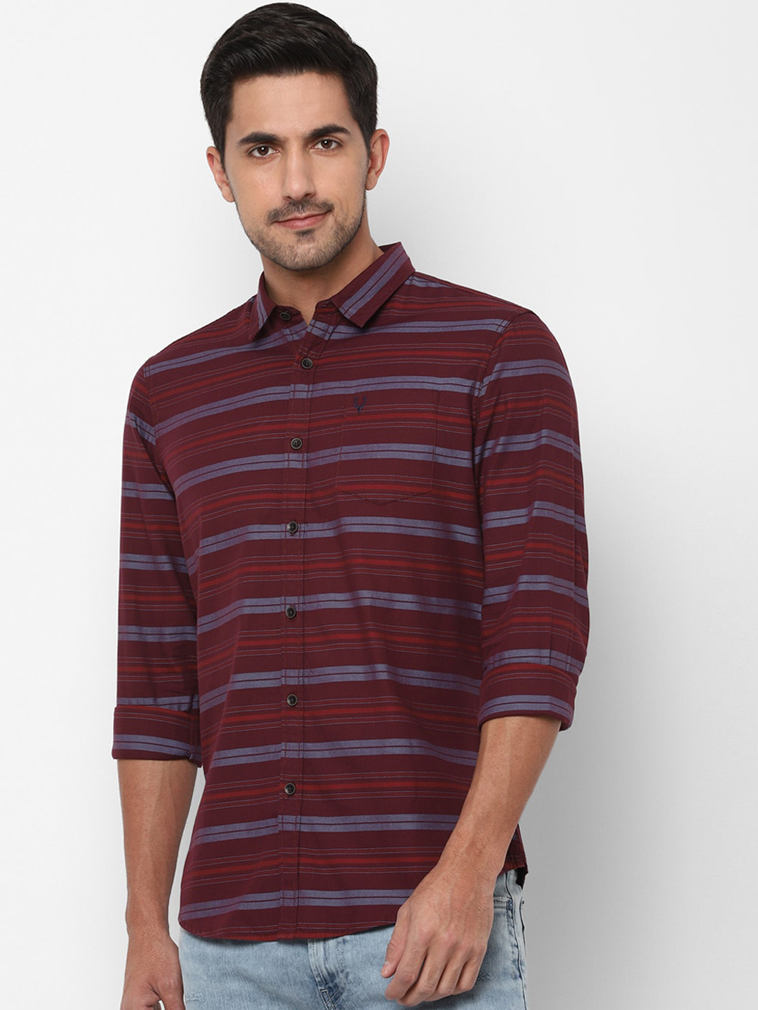 Allen Solly Sport Men Maroon & Silver-Toned Regular Fit Striped Casual Cotton Shirt