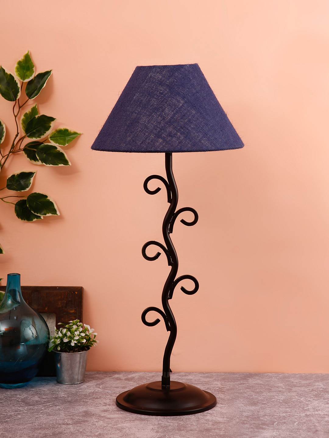 Devansh Navy Blue & Brown Self Design Traditional Table Lamp
