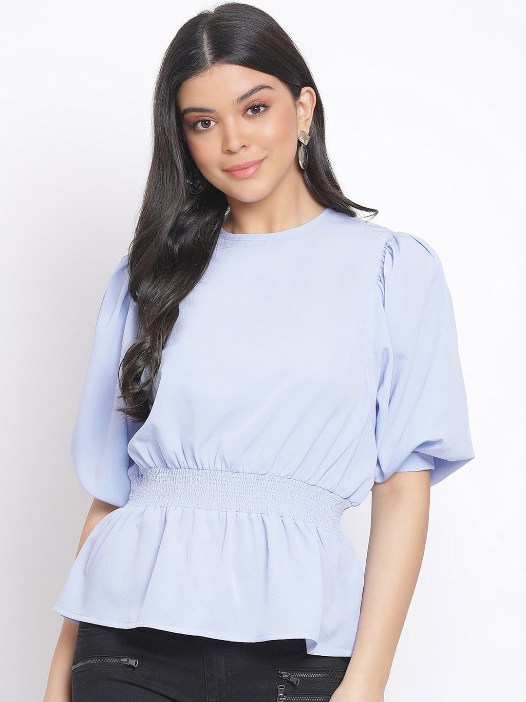 Oxolloxo Women Blue Solid Puff Sleeves Cinched Waist Top