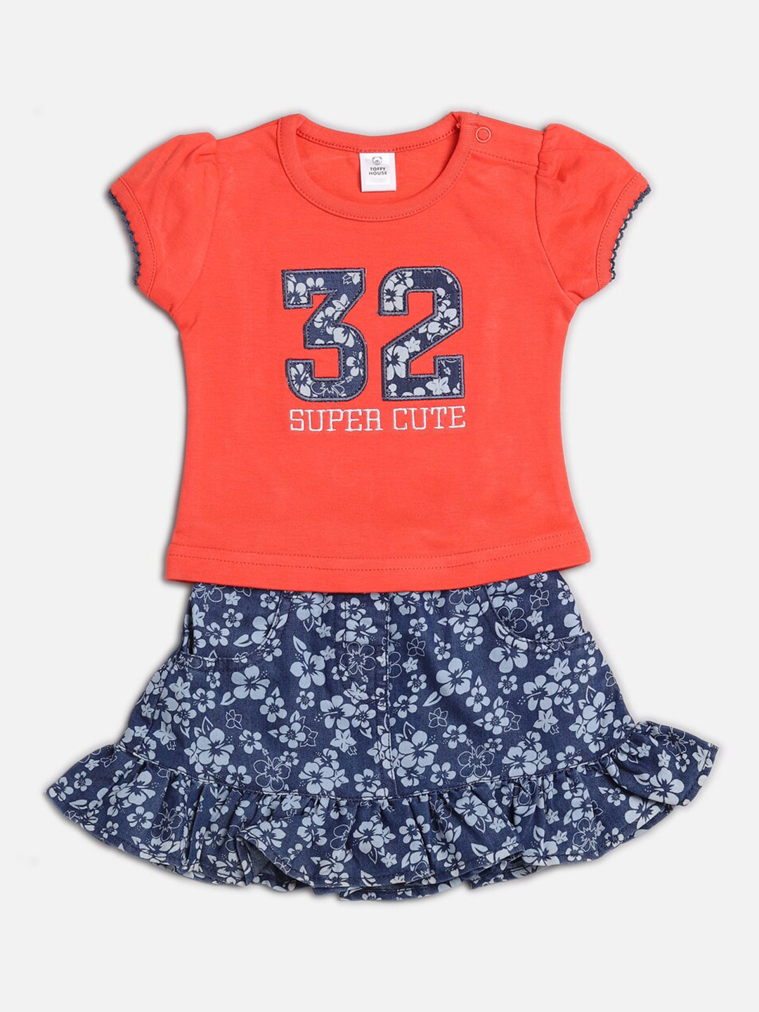TOFFY HOUSE Girls Orange & Navy Blue Printed Cotton T-shirt with Skirt