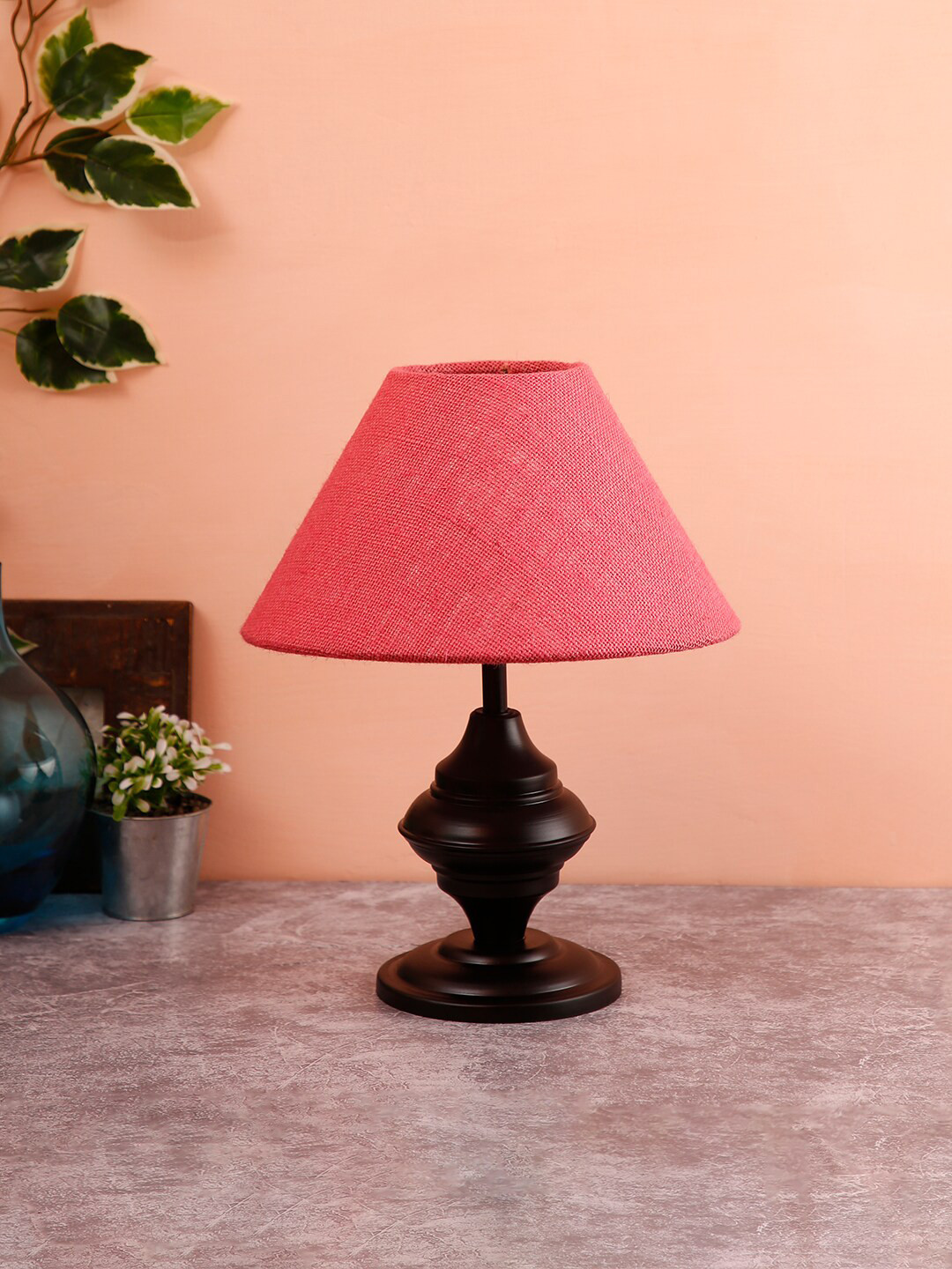 Devansh Pink & Black Self Design Frustum Table Lamp
