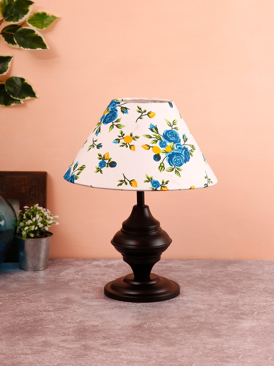 Devansh White & Blue Floral Printed Table Lamp