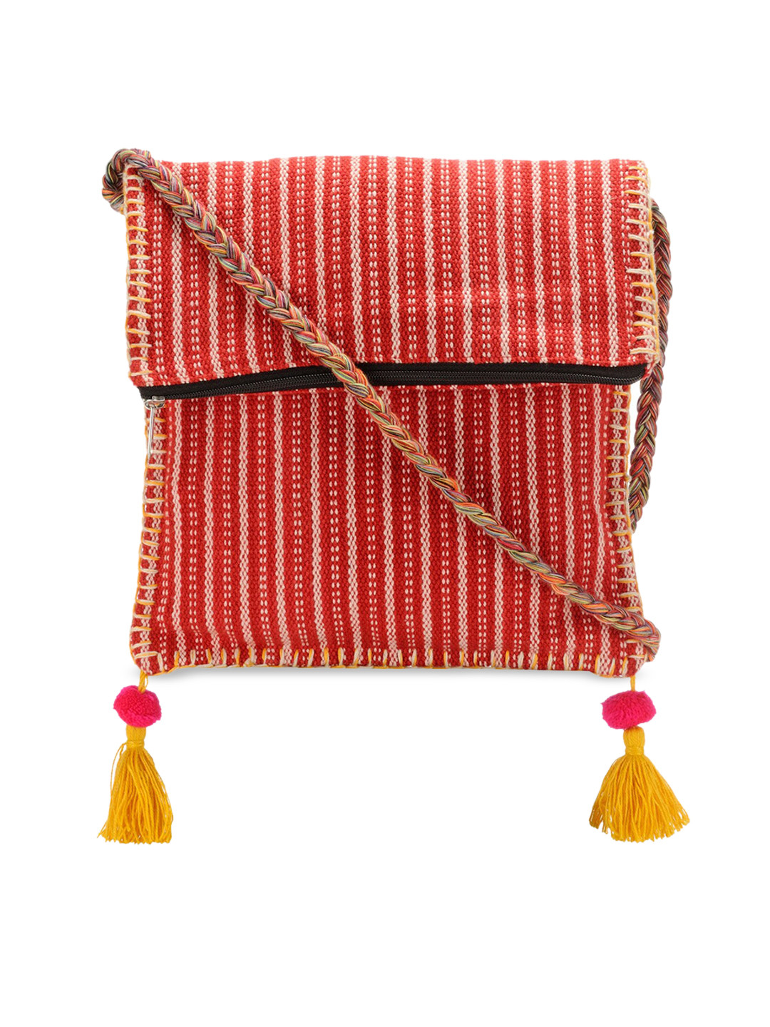 The House of Tara Red Striped Handloom Fabric Boho Ethnic Sling Bag with Tassels