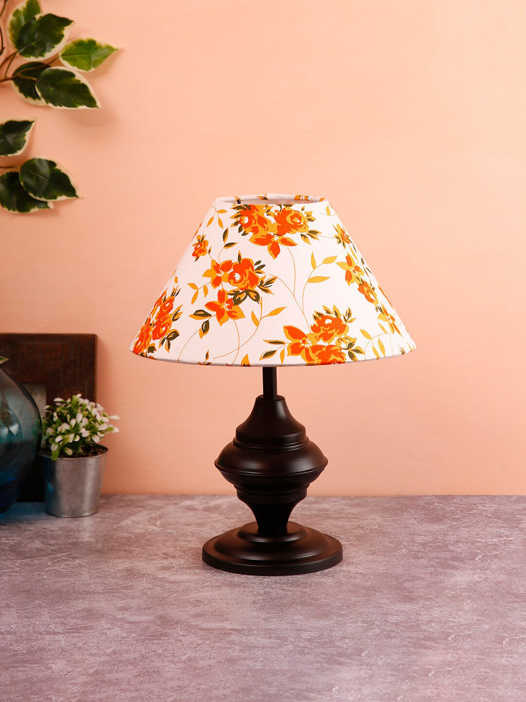 Devansh White & Orange Floral Printed Frustum Table Lamp